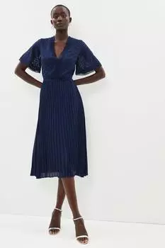 Платье миди с кружевным лифом и рукавами ангела, плиссированная юбка Coast, темно-синий