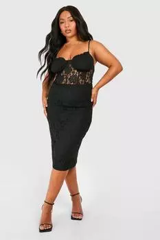 Платье миди с кружевным лифом и лифом плюс boohoo, черный