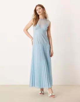Платье миди с кружевным лифом и плиссированной юбкой ASOS DESIGN ледяного синего цвета