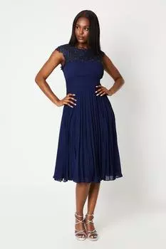 Платье миди с кружевным верхом и плиссированной юбкой Coast, темно-синий