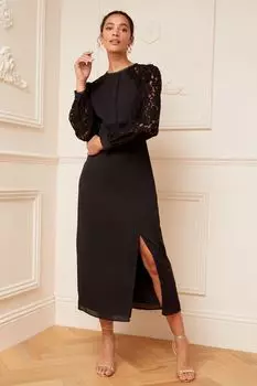 Платье миди с кружевными рукавами круглым вырезом и завязкой сзади Love & Roses, черный