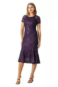 Платье миди с кружевом и пайетками металлик Roman, фиолетовый
