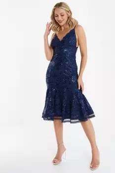 Платье миди с кружевом и пайетками темно-синего цвета QUIZ Clothing