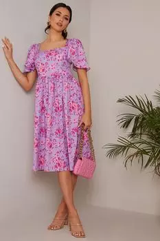 Платье миди с квадратным вырезом и мелким цветочным принтом Chi Chi London, фиолетовый