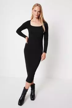 Платье миди с квадратным вырезом и длинными рукавами Soft Touch Oasis, черный