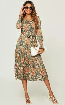 Платье миди с квадратным вырезом и многослойными рюшами, длинными рукавами и зеленым цветочным принтом FS Collection, зеленый