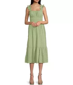 Платье миди с квадратным вырезом и рюшами City Vibe, зеленый