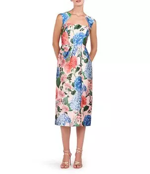Платье миди с квадратным вырезом и рукавами-крылышками Kay Unger из микадо с цветочным принтом, цветочный