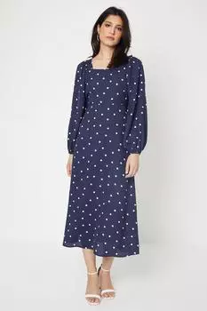 Платье миди с квадратным вырезом и рюшами Spot Dorothy Perkins, темно-синий