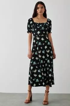 Платье миди с квадратным вырезом и оборками с большим цветочным принтом Dorothy Perkins, черный