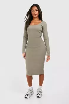 Платье миди с квадратным вырезом и длинными рукавами boohoo, хаки