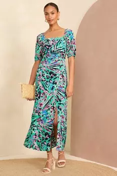 Платье миди с квадратным вырезом и пышными рукавами с принтом Love & Roses, синий