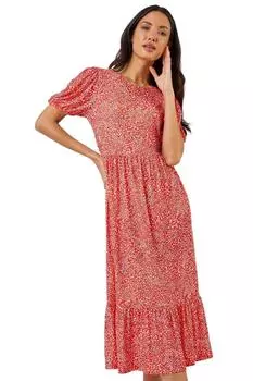 Платье миди с леопардовым принтом Ditsy и оборками по подолу Roman, красный