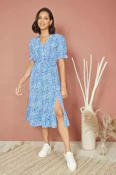 Платье миди с леопардовым принтом рукавами-фонариками и разрезом внизу Mela, синий