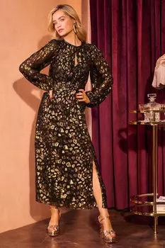 Платье миди с леопардовым жаккардом и твист бахромой Love & Roses, черный