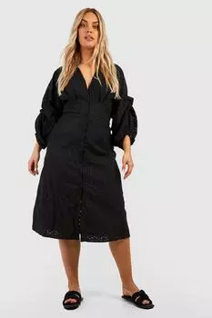 Платье миди с люсками и буфыми рукавами Boohoo, черный