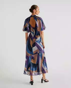 Платье миди с мультипринтом, высоким воротником и короткими рукавами-фонариками Scalpers, мультиколор