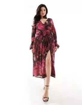 Платье миди с нечетким цветочным принтом и глубоким вырезом ASOS DESIGN Curve