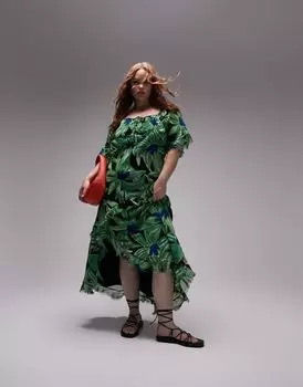 Платье миди с необработанными швами и шнуровкой сзади Topshop зеленого цветочного принта