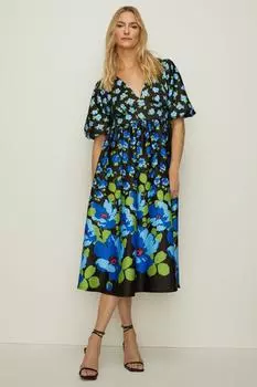 Платье миди с объемными рукавами и цветочным принтом омбре Oasis, черный