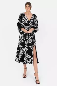 Платье миди с объемными рукавами и разрезом на бедрах Lovedrobe, черный