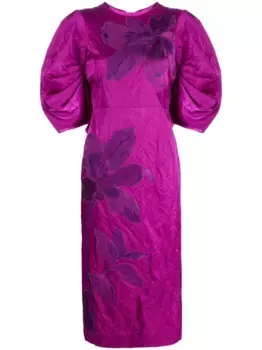 Платье миди с объемными рукавами и цветочной вышивкой ERDEM, фиолетовый