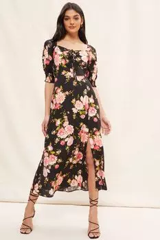 Платье миди с объемными рукавами вырезом сердечком и принтом Friends Like These, черный