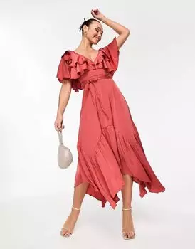 Платье миди с оборками ASOS из розового атласа с V-образным вырезом спереди и сзади