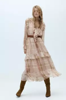 Платье миди с оборками и поясом ZARA, разноцветный