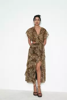 Платье миди с обратными животными принтами ZARA, цвет leopard