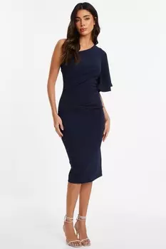 Платье миди с одно плечо и сборками темно-синего цвета QUIZ Clothing