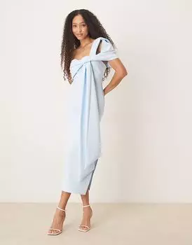 Платье миди с открытыми плечами ASOS DESIGN с бантом светло-голубого цвета