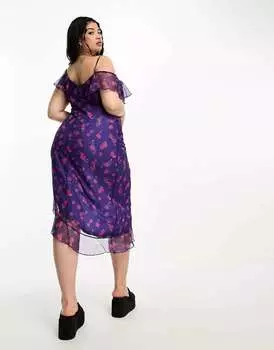 Платье миди с открытыми плечами и рюшами Heartbreak синего цветочного принта