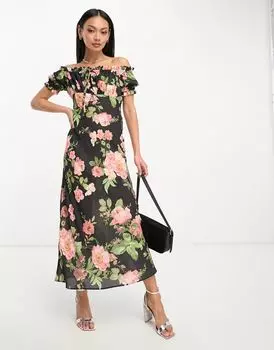 Платье миди с открытыми плечами и завязками спереди ASOS DESIGN Milkmaid