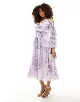 Платье миди с открытыми плечами и сиреневым цветочным принтом ASOS DESIGN