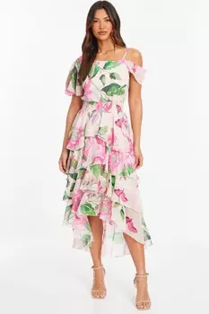 Платье миди с открытыми плечами и цветочным принтом телесного цвета QUIZ Clothing