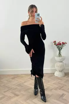 Платье миди с открытыми плечами Natalie асимметричного кроя Style Cheat, черный