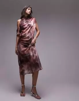 Платье миди с открытыми плечами Topshop с размытым принтом