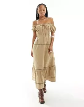 Платье миди с открытыми плечами, защипами и отделкой крючком ASOS DESIGN цвета хаки