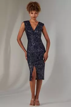 Платье миди с пайетками Deja и разрезом Jolie Moi, синий