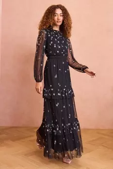 Платье миди с пайетками и сеткой в горошек, многоуровневое Love & Roses, черный