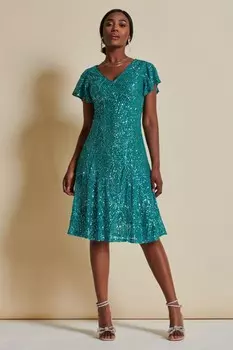 Платье миди с пайетками приталенным верхом и расклешенным низом Jolie Moi, синий