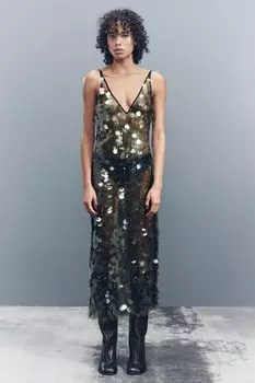 Платье миди с пайетками ZARA, цвет moss green