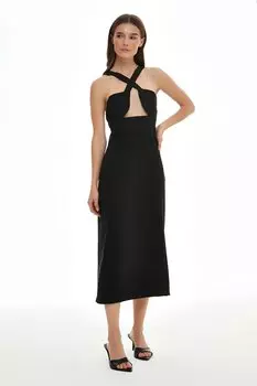 Платье-миди с перекрещенными бретелями на спине, черное QUZU