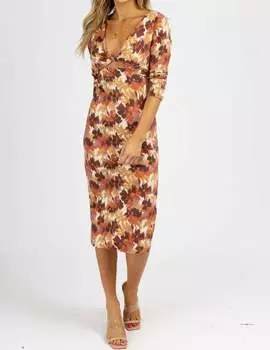 Платье миди с перекруткой спереди цвета экрю коричневого цвета ENDLESS BLU.