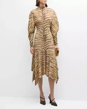 Платье миди с платком и тигровым принтом Stella McCartney, цвет Natural