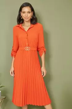 Платье миди с плиссированной юбкой и декоративной пряжкой Mela, оранжевый
