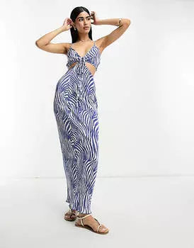 Платье миди с плиссированными бретелями и вырезами ASOS DESIGN синего цвета зебры