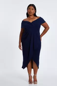 Платье-миди с плиссировкой и запахом Navy Curve Bardot QUIZ Clothing