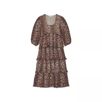 Платье миди с плиссировкой из жоржета с леопардовым принтом GANNI, коричневый